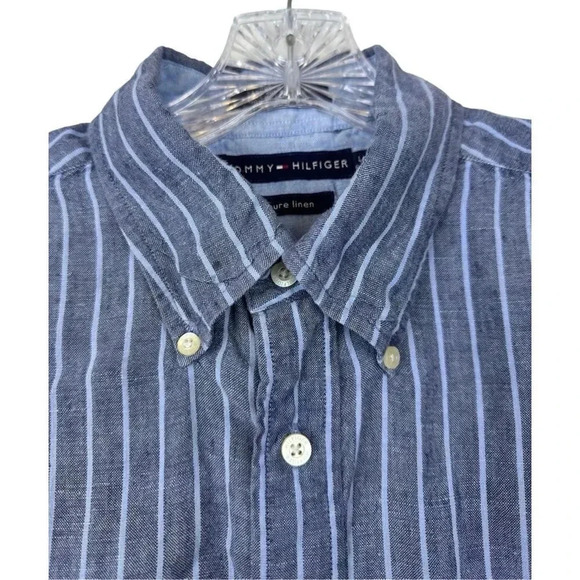 Tommy Hilfiger 100% Linen Striped Button Down Shirt Large Short Sleeve Blue - Picture 3 of 8